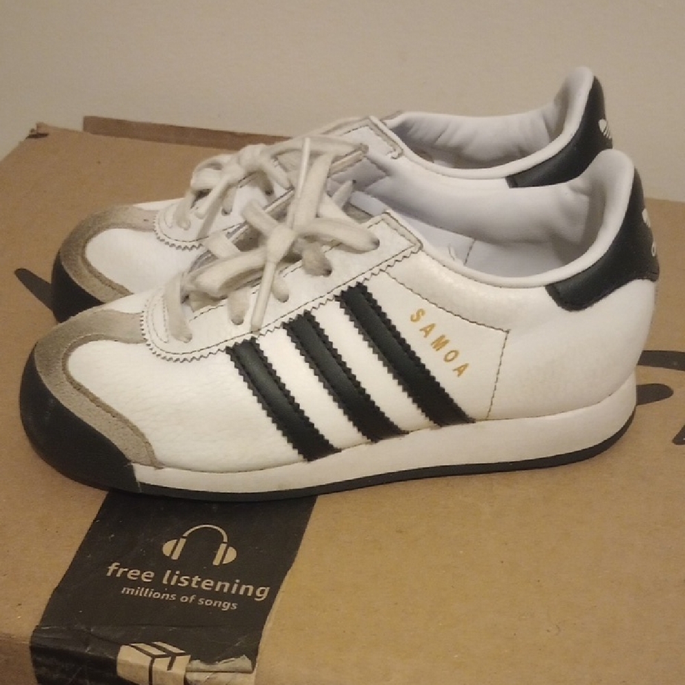 Adidas Samoa Men's White, Black, and Gold Sneakers